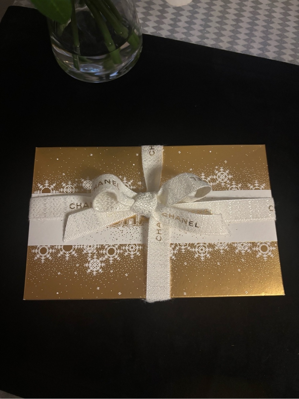 CHANEL Gold Gift Box with White Branded Ribbon